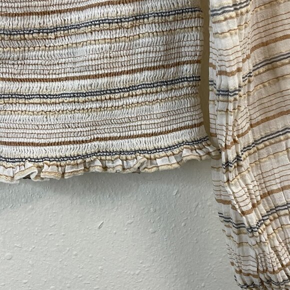 Striped Smocked Square Neck Crop Top With Long Balloon Sleeves In Neutral Stripe - Picture 6 of 13